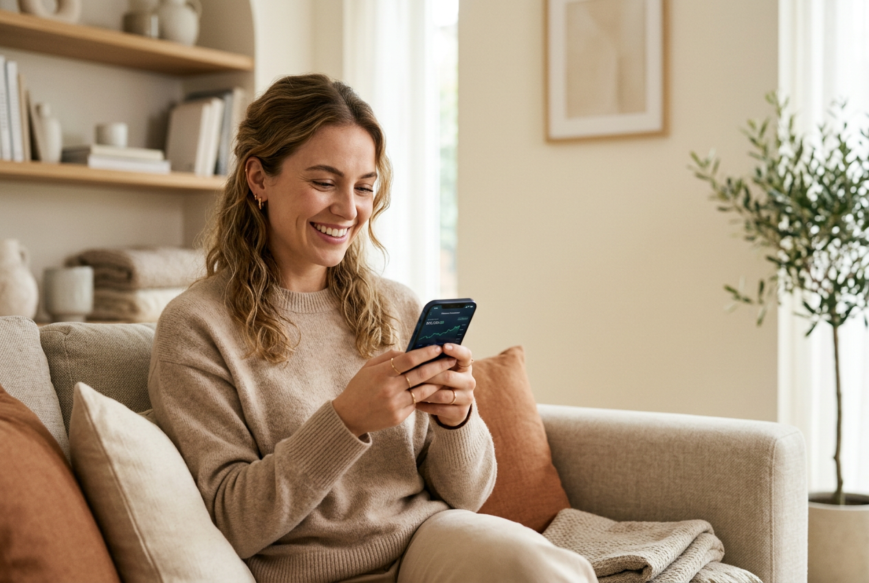 A woman smiling as she reviews her matched investment options on her phone